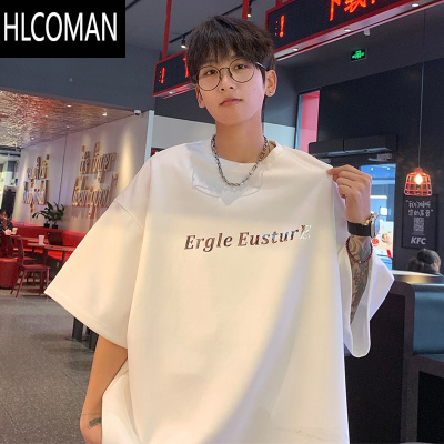 HLCOMAN绒短袖t恤男夏季新款美式潮流潮牌体恤男生宽松休闲半袖上衣