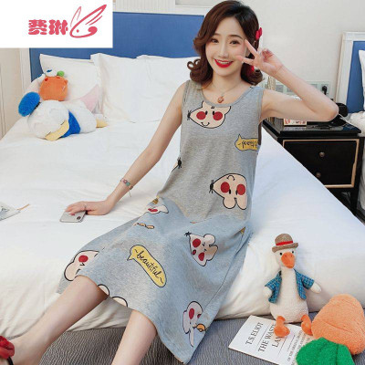 睡裙女夏甜美无袖背心连衣裙子印花大码宽松孕妇夏季薄款费琳