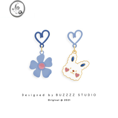 JiMi小兔花朵蓝色耳钉不对称百搭个性少女感日韩耳环无耳洞耳夹耳饰