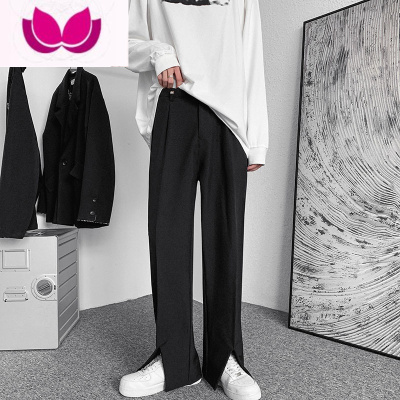 七斓开叉裤子高街ins潮高级感休闲西裤男垂感vibe微喇拖地西装裤直筒