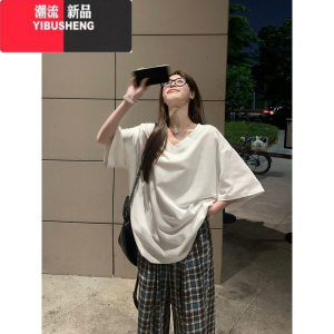 YIBUSHENG慵懒ins风V领短袖T恤季新款韩系宽松中长款休闲白色上衣女潮ins