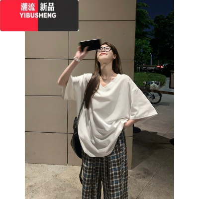 YIBUSHENG慵懒ins风V领短袖T恤季新款韩系宽松中长款休闲白色上衣女潮ins