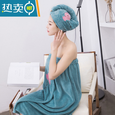 敬平吸水加厚可爱速干洗擦头巾女韩国浴帽包头巾 孔雀蓝干发帽+浴裙