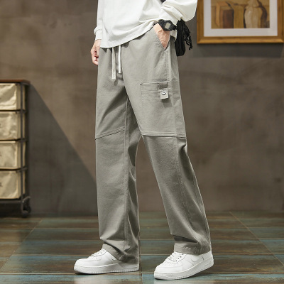 男士宽松直筒工装裤灰色抽绳设计裤立体拼接春夏透气舒适长裤