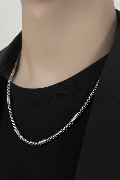 简约方形珍珠圆筒项链男潮基础百搭简约个性港风嘻哈长款男女配饰送女朋友老婆情人节七夕生日礼物