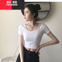 YIBUSHENG漏肚脐短袖t恤女高腰纯色修身露背基础打底衫双u短款学院女