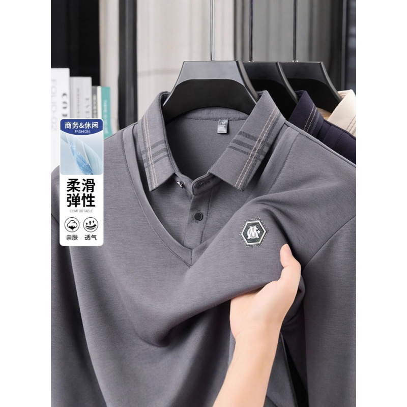 假两件长袖T恤男士中年爸爸装针织打底衫商务休闲鸡翻领polo