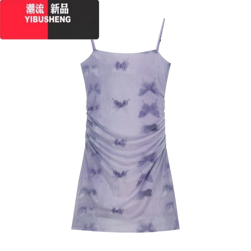 YIBUSHENG紫色蝴蝶印花吊带连衣裙女装季收腰褶皱包臀裙度假开叉中长裙子