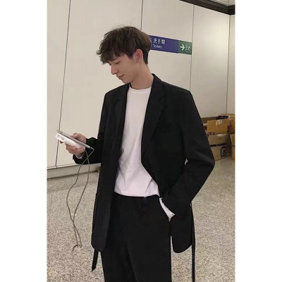 梵克公牛les帅t小西装外套男韩版季帅气纯色流宽松休闲上衣痞帅西服黑色默认颜色M