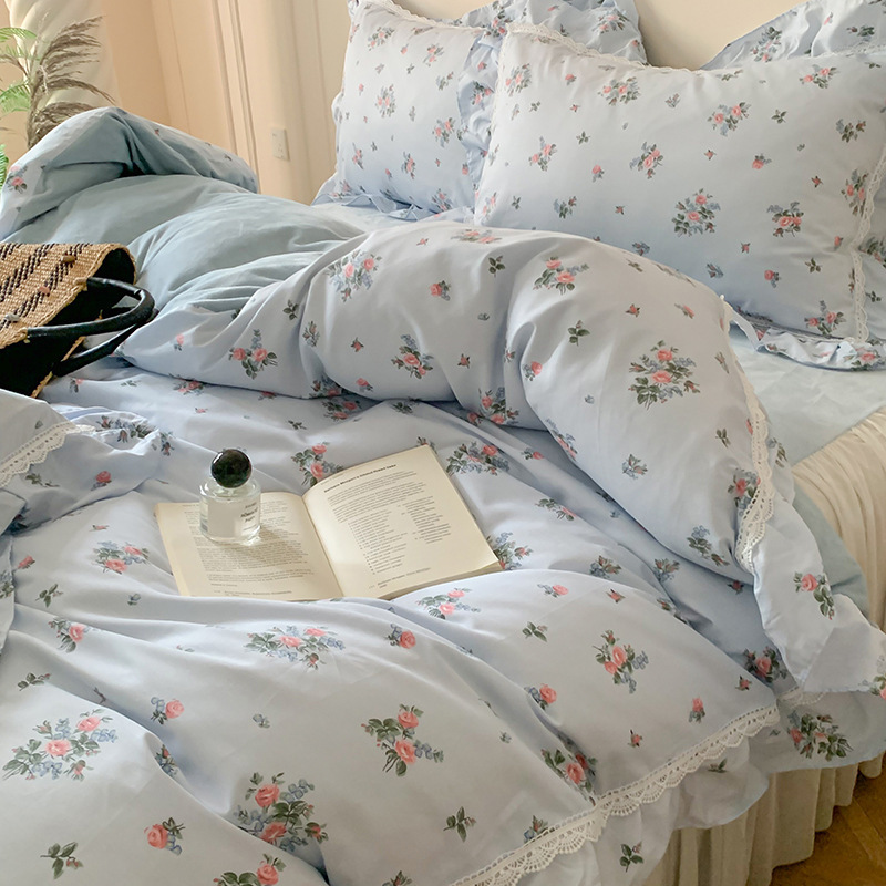 公主风a纯棉b牛奶绒四件套全棉小碎花少女心花边加厚保暖被套床品