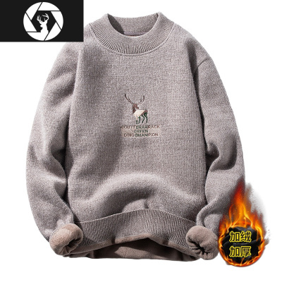 HongZun男士半高领保暖毛衣秋冬季潮流一体绒线衣宽松加绒加厚打底针织衫毛衣