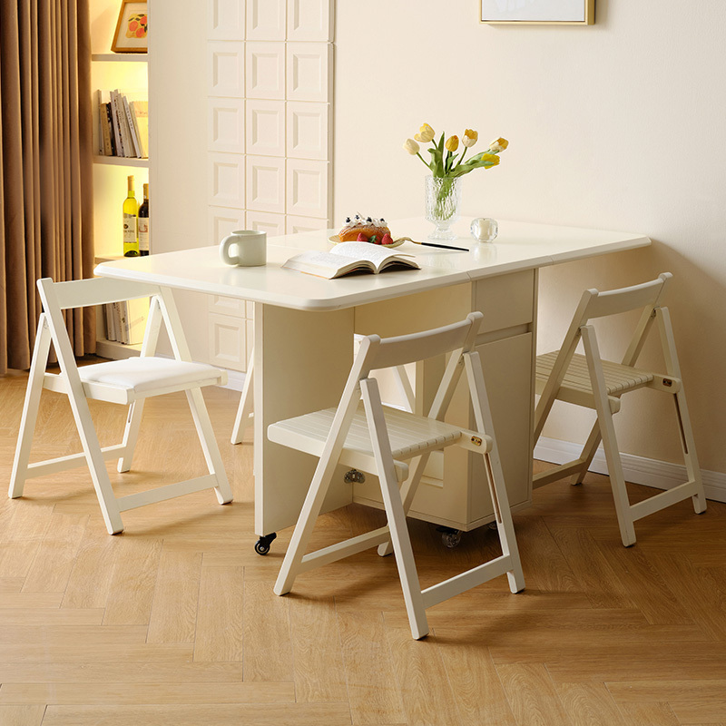 全友家居奶油风餐桌椅组合客厅小户型可移动折叠长方形饭桌