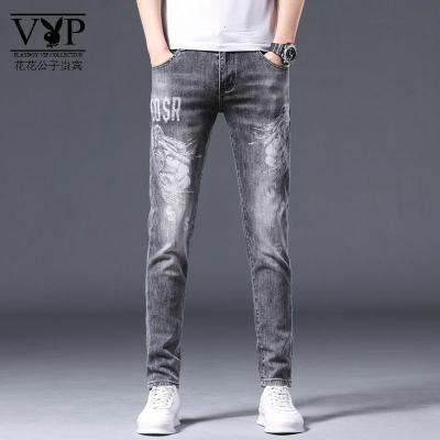 花花公子贵宾欧洲风男士轻奢印花牛仔裤男2021新款夏季潮流裤子修身小脚休闲裤