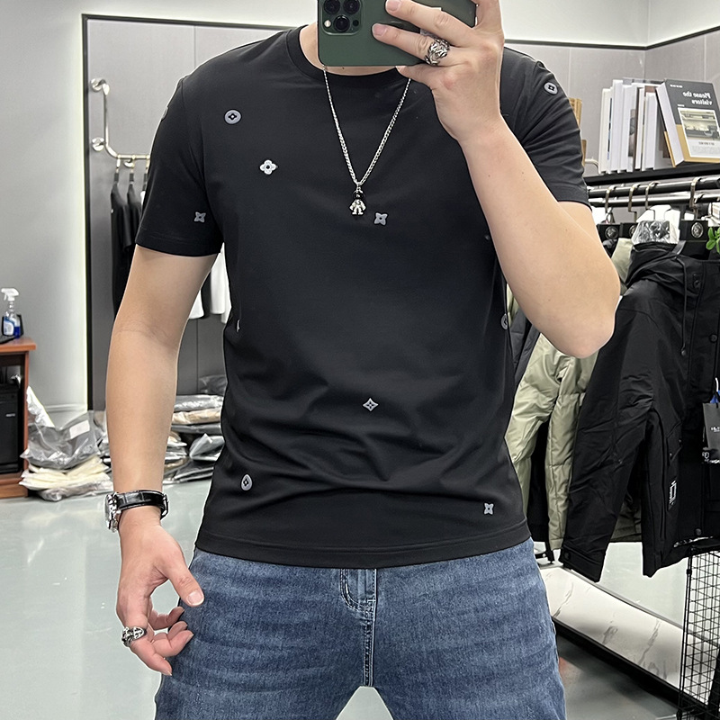夏季新款刺绣圆领短袖T恤男潮流帅气男半袖内搭半截袖丝光棉上衣