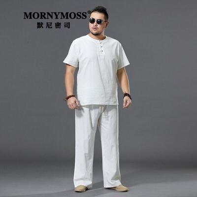 默尼密思品牌男装棉麻唐装套装男中老年中国风亚麻短袖T恤加肥加大码肥佬两件套