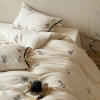 日式复古皱皱纱刺绣四件套绑带式枕套透气软糯双层纱床笠