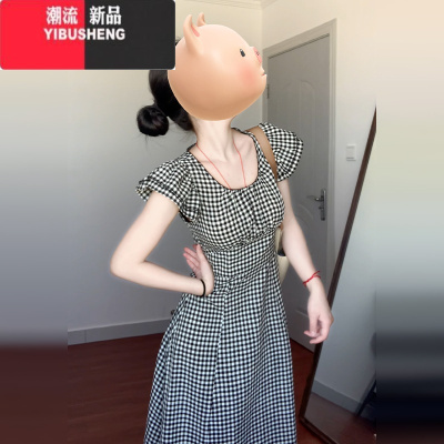 YIBUSHENG小个子法式气质格子连衣裙子女装季2024新款小飞袖收腰显瘦长裙