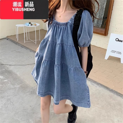 YIBUSHENG减龄气质设计感泡泡袖牛仔连衣裙女季大码胖mm收腹显瘦背带短裙