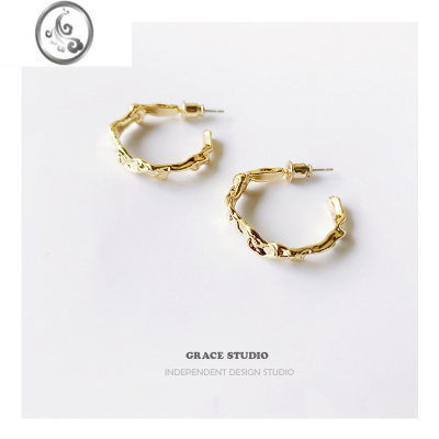 JiMiG/S 熔岩 欧美复古C型耳钉不规则凹凸小众设计耳饰镀金时髦耳环女