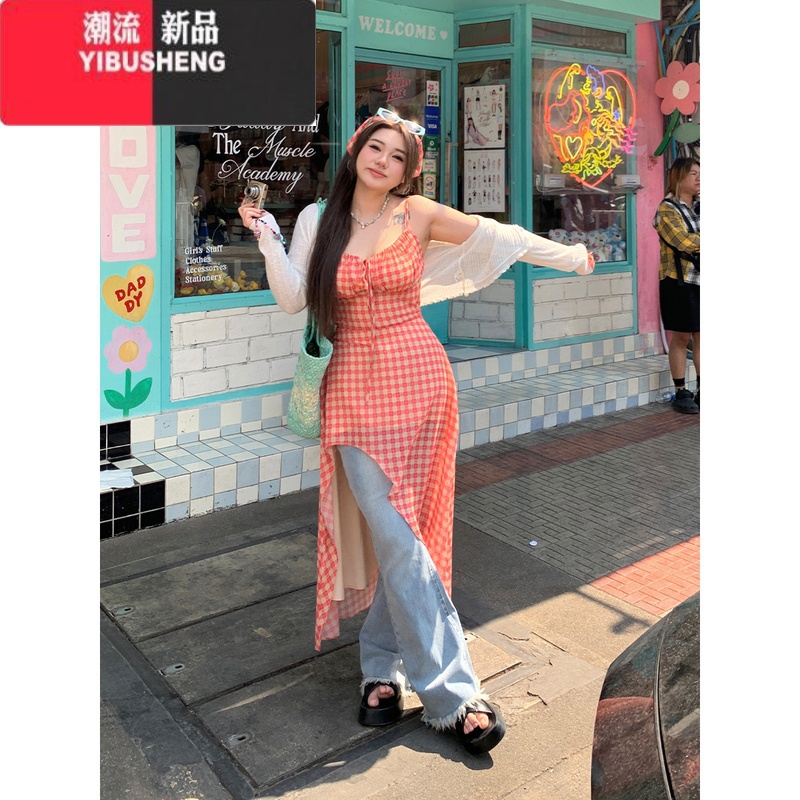 YIBUSHENG安妮不火 不规则收腰红格子吊带裙女2024早春新款微胖大码连衣裙