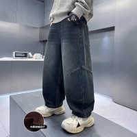 男童秋冬加绒牛仔裤新款儿童中大童男孩宽松直筒加厚宽松冬装