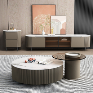 青木川 简约现代岩板圆茶几岩板大电视柜茶几组合户型钢化玻璃圆几客厅家用极简北欧收纳储物柜茶桌咖啡桌创意轻奢