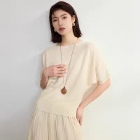 凉感透气一字领醋酸短袖T恤女新款宽松蝙蝠袖针织衫女夏季上衣薄
