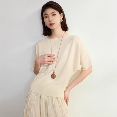 凉感透气一字领醋酸短袖T恤女新款宽松蝙蝠袖针织衫女夏季上衣薄