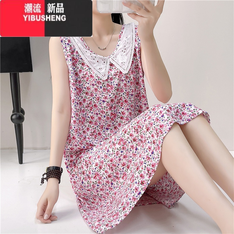 YIBUSHENG无袖碎花棉绸连衣裙女季新款时尚外穿人造棉裙子大码显瘦绵绸裙