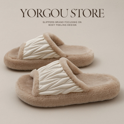 远港外穿开口毛绒棉拖鞋女士秋冬季保暖室内家居家办公室毛毛拖鞋