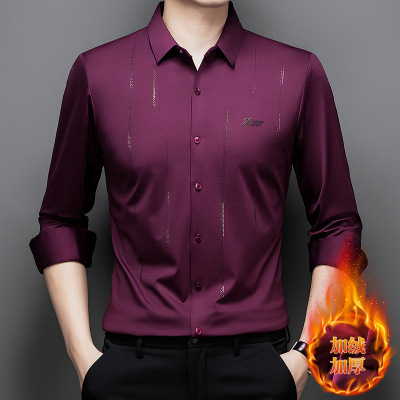 商务休闲长袖加绒加厚无痕寸衣新款男式修身上衣衬衫男士保暖衬衣_1