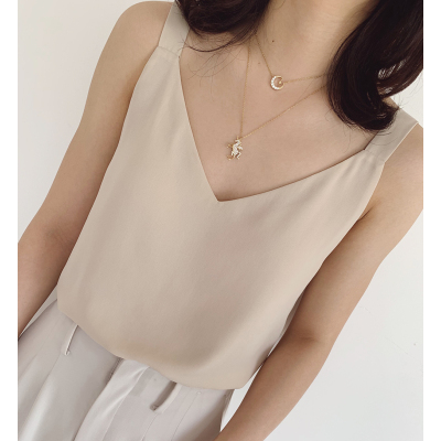 暖青汇宽带v领吊带双层雪纺衫2020夏季新款外穿打底衫内搭宽松显瘦上衣蕾丝衫