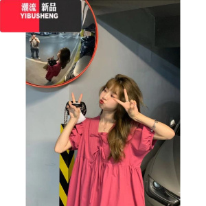 YIBUSHENG木耳边连衣裙2024春季韩版宽松绑带方领小个子泡泡袖短款a字裙女 玫红色 均码