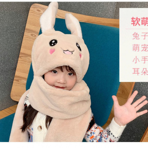 冬季保暖网红亲子兔子耳朵会动帽子男女可爱儿童帽子围巾手套一体
