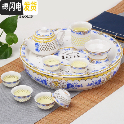 三维工匠玲珑创意陶瓷功夫茶具套装家用泡茶杯茶壶景德镇简约盖碗茶艺 10头茶壶+茶盘-玲珑田园玫瑰 7件