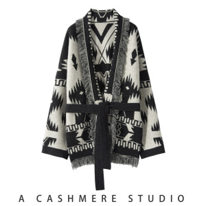 复古百搭流苏山羊绒衫女针织开衫外套时尚气质中长款外搭宽松厚款 主图色 均码