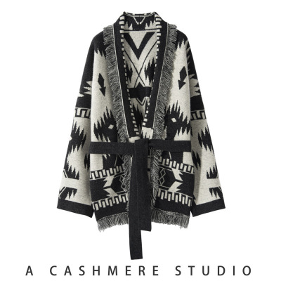 复古百搭流苏山羊绒衫女针织开衫外套时尚气质中长款外搭宽松厚款