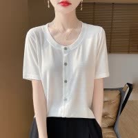 精纺圆领短袖针织开衫女薄款2025夏季新款宽松遮肚子半袖外搭上衣