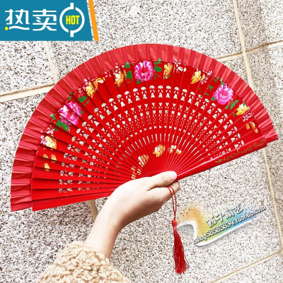 XIANCAI舞蹈扇红扇子实木扇骨开合顺溜双面扇旗袍舞台走秀表演折扇 双面大红F款