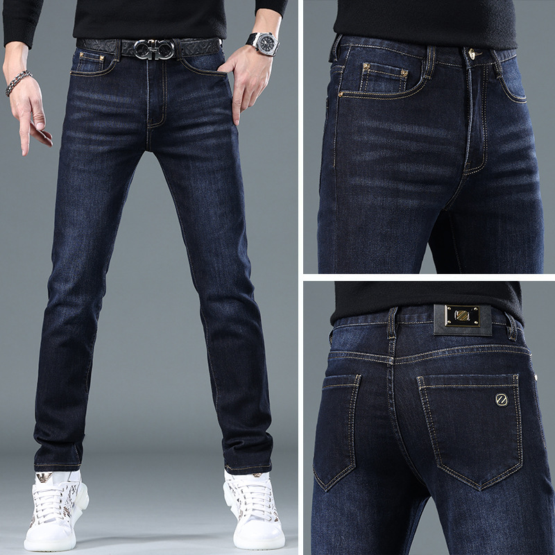 轻奢欧货秋季深蓝色牛仔裤男潮牌修身小脚百搭弹力休闲长裤子