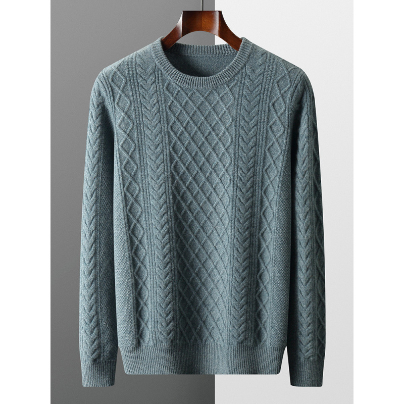 秋冬男士圆领羊毛衫加厚宽松打底衫商务休闲提花纯毛针织毛衣