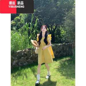YIBUSHENG大码飞袖连衣裙女季宽松遮肚压褶裙子胖MM法式小个子娃娃衫短裙