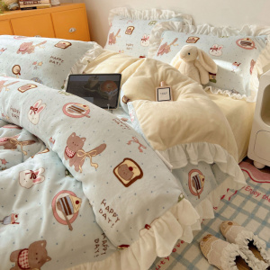 可爱花边款A类冬季牛奶绒四件套卡通少女加绒加厚防静电被套床单