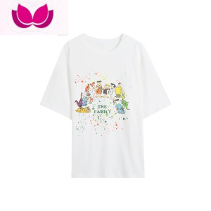 七斓新款辣妹中长款上衣女小众韩版t恤宽松卡通印花学生圆领短袖 白色 均码