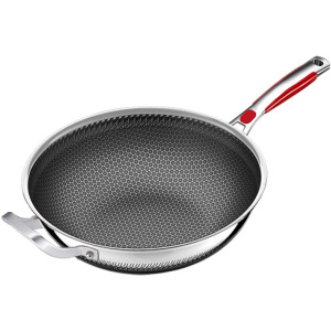 赫巴兹炒锅316不锈钢不粘锅家用平底锅电磁炉煤气灶蜂窝炒锅1310D