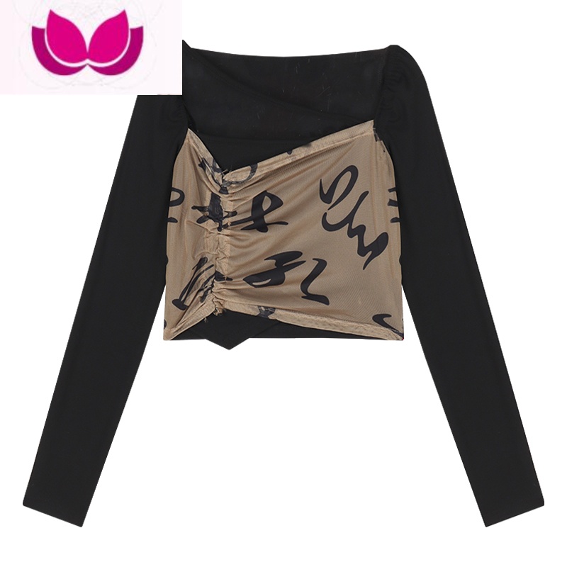 七斓黑色辣妹方领长袖T恤女春季拼接设计感小众不规则修身打底衫上衣