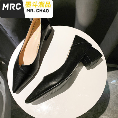 女鞋2020新款春季浅口尖头女士中粗跟单鞋网红晚晚两穿黑色高跟鞋墨斗潮品休闲鞋