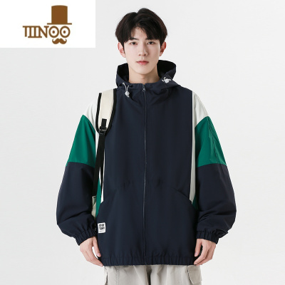 YANXU秋季男士外套青少年韩版宽松连帽拼接潮流休闲夹克潮牌撞色上衣服