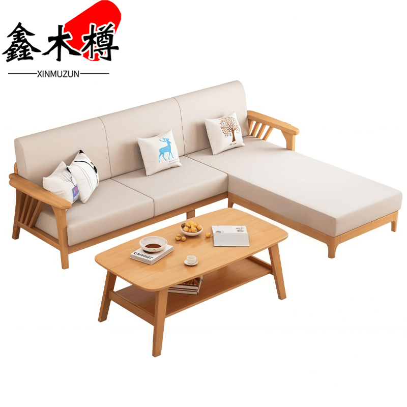 鑫木樽实木沙发三人位+脚踏+茶几套
