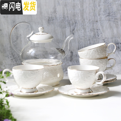 三维工匠英式下午茶茶具 欧式花茶茶具花茶杯套装 陶瓷玻璃煮水果蜡烛茶壶 白玫瑰(4杯碟+壶)-无礼盒简装